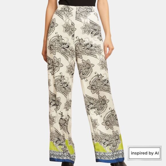 ZARA S Satin Wide-Leg Pant Damask Floral High Waist Flowy Trousers - Picture 8 of 12